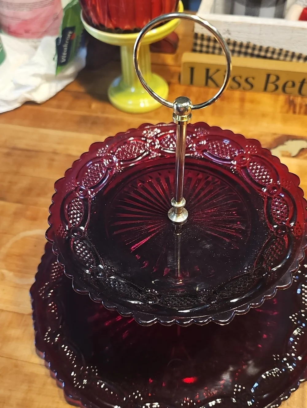 Two-Tier Ruby Red  Dessert Stand Avon Cape Cod 1876 Collection